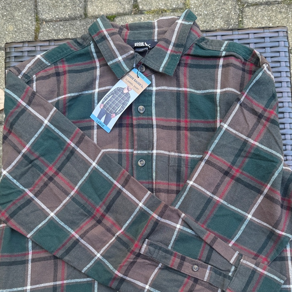 Eddie Bauer Men's Plaid Button-Down Shirt - Green and Brown